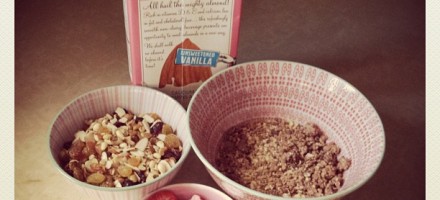 Homemade granola (honey & cinnamon toasted oats). With optional toppings: almond milk, nut/dried fruit mixture & freeze-dried strawberries